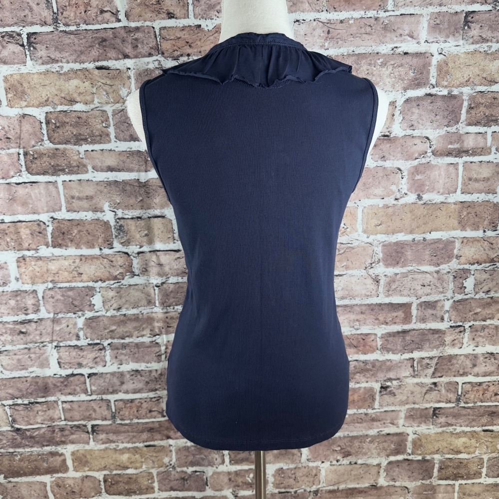 Lauren Jeans Co Ralph Lauren Navy Blue Ruffle V-Neck Ribbed Pima Cotton Top L - Picture 7 of 13